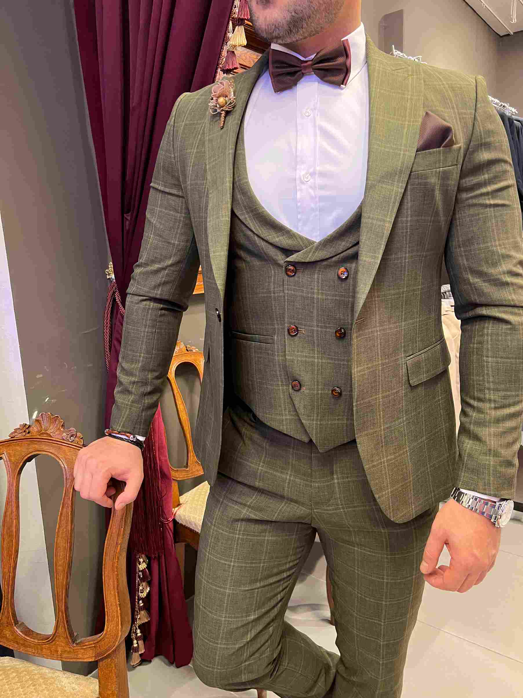 Olive Green Checkered Design Suit